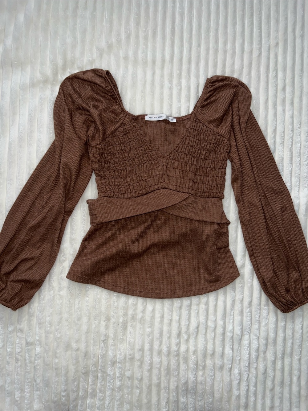 Altar'd State Chestnut Brown Smocked Puff-Sleeve Peplum Top